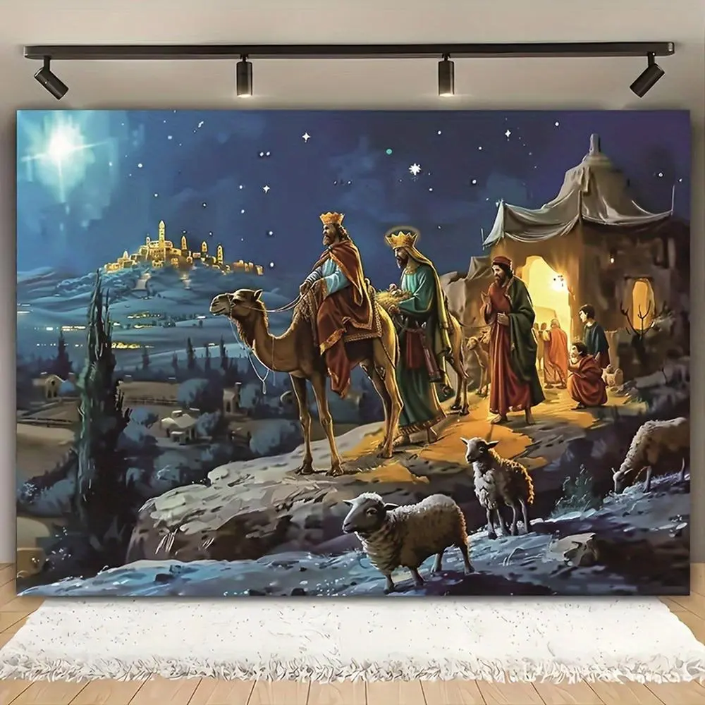 1pc Polyester 2D Flat Nativity Scene Curtain Backdrop Cloth, Christmas Manger Theme 1-Piece Banner with Prayerful Art Print, Home Festive Supply for Ceremony, Photo Booths & Birthday Decor