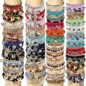 24/32/48/69pcs Bohemian Multicolor Glass Elastic Bracelet Set | With Heart Tree Butterfly Charm, Layering Bracelets Suitable for Casual Wear, Parties, Holiday Gifts, Anniversaries, All Seasons, For Teenager