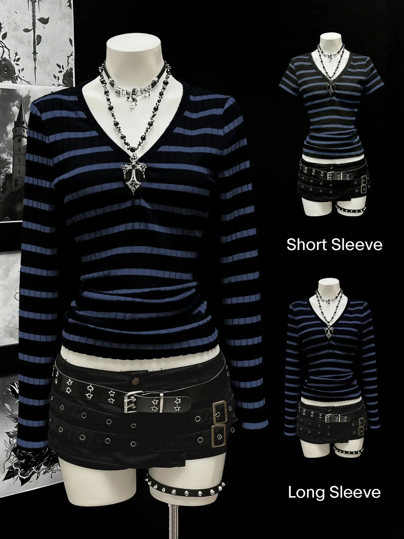 Women's long sleeved and short sleeved T-shirt Casual Gothic style black gray striped V-neck slim fitted knit top, with a close fitting knit fabric material that looks slim and creates a niche Gothic atmosphere. Knitwear
