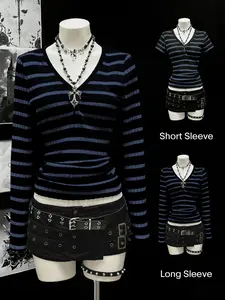 Women's long sleeved and short sleeved T-shirt Gothic style black gray striped V-neck slim knit top, with a close fitting knit material that looks slim and creates a niche Gothic atmosphere.