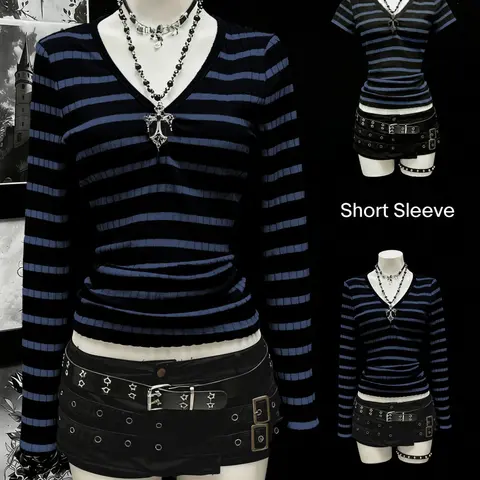 Halloween Women's Long Sleeve Short Sleeve T-Shirt, Gothic Striped V Neck Slim Fit Knit Top, Tight Knit Material Slimming Effect, Casual