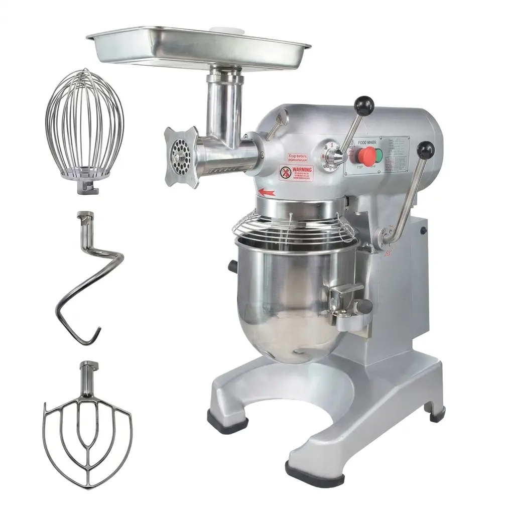 Hakka 10QT 4-Function Commercial Planetary Stand Mixer with Rotating Stainless Steel Bowl for Restaurants & Operators, 500W 3-Speed Pulse Mixer, Meat Grinder Attachment, Dough Hook, Flat Beater, Wire Whisk, ETL Certified Safety Design, Food-Contact Parts