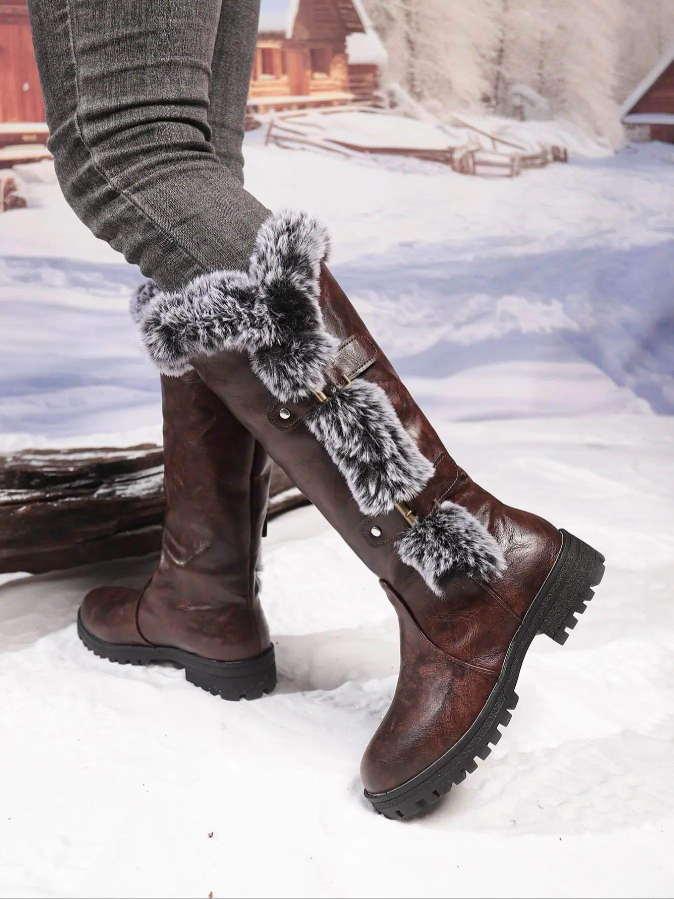 Women's Fuzzy Winter Warm Boots, Solid Color, Flat Design, Soft Sole, Anti-Slip Tall Snow Boots, Perfect for Christmas, Footwear, Casual Warm Boots