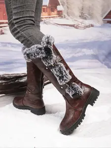 Women's Fuzzy Winter Warm Boots, Solid Color, Flat Design, Soft Sole, Anti-Slip Tall Snow Boots, Perfect for Christmas, Footwear