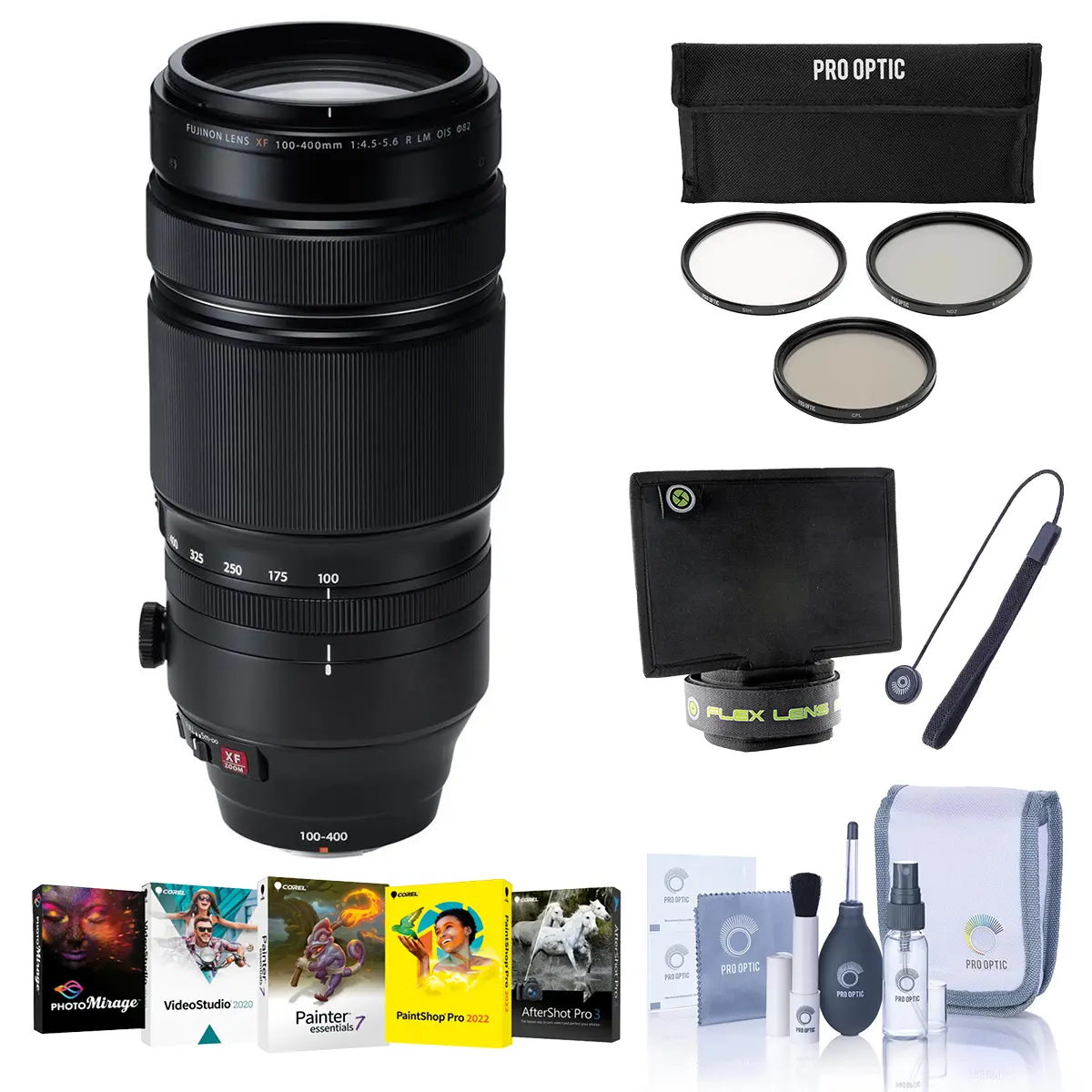 Fujifilm XF 100-400mm f/4.5-5.6 R LM OIS WR Lens, Bundle with 77mm Filter Kit and PC Software Kit