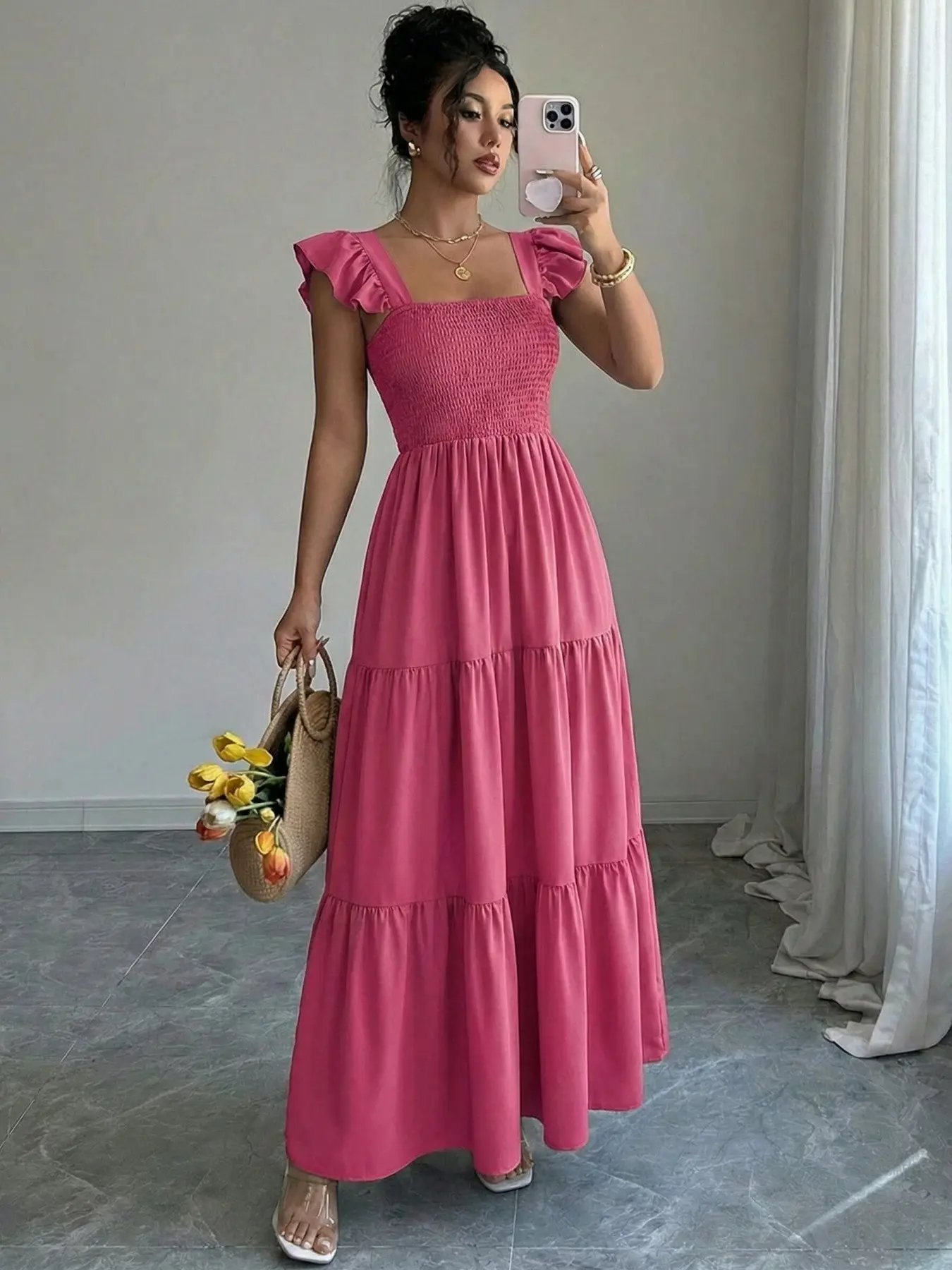 Summer Square Neck Backless Dress, Boho Summer Dress, Bohemian Chic Casual Wear, Aesthetic Fashion Soft Butterfly Sleeve Dress for Vacation & Beach, Solid Color Long Dress, Ruffle Hem Design