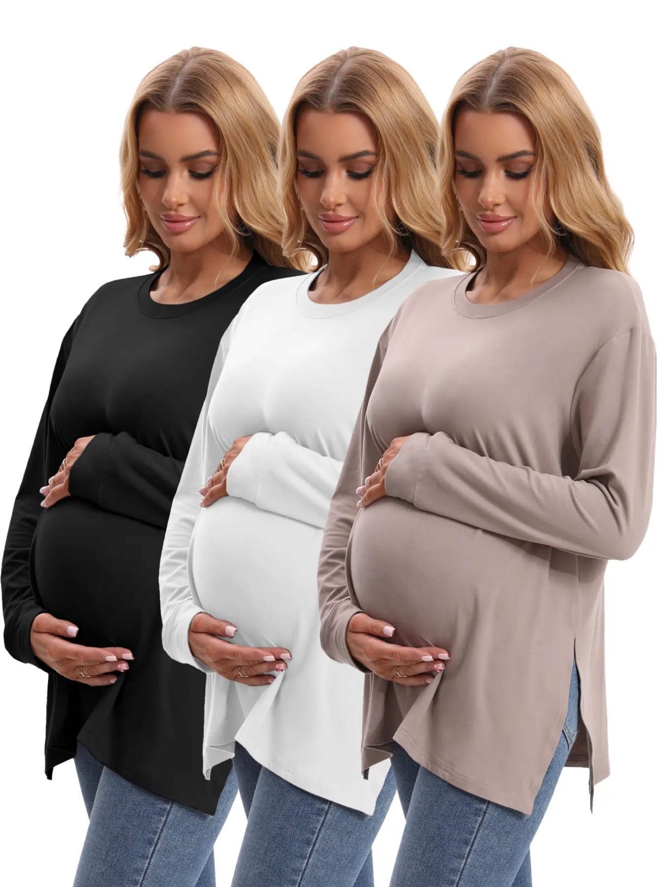 Cymebosilux Women's 3-Pack Maternity Pregnancy Tops, Long Sleeve Crew Neck Drop Shoulder Tunic with Side Slits, Loose Fit for Yoga & Everyday Wear