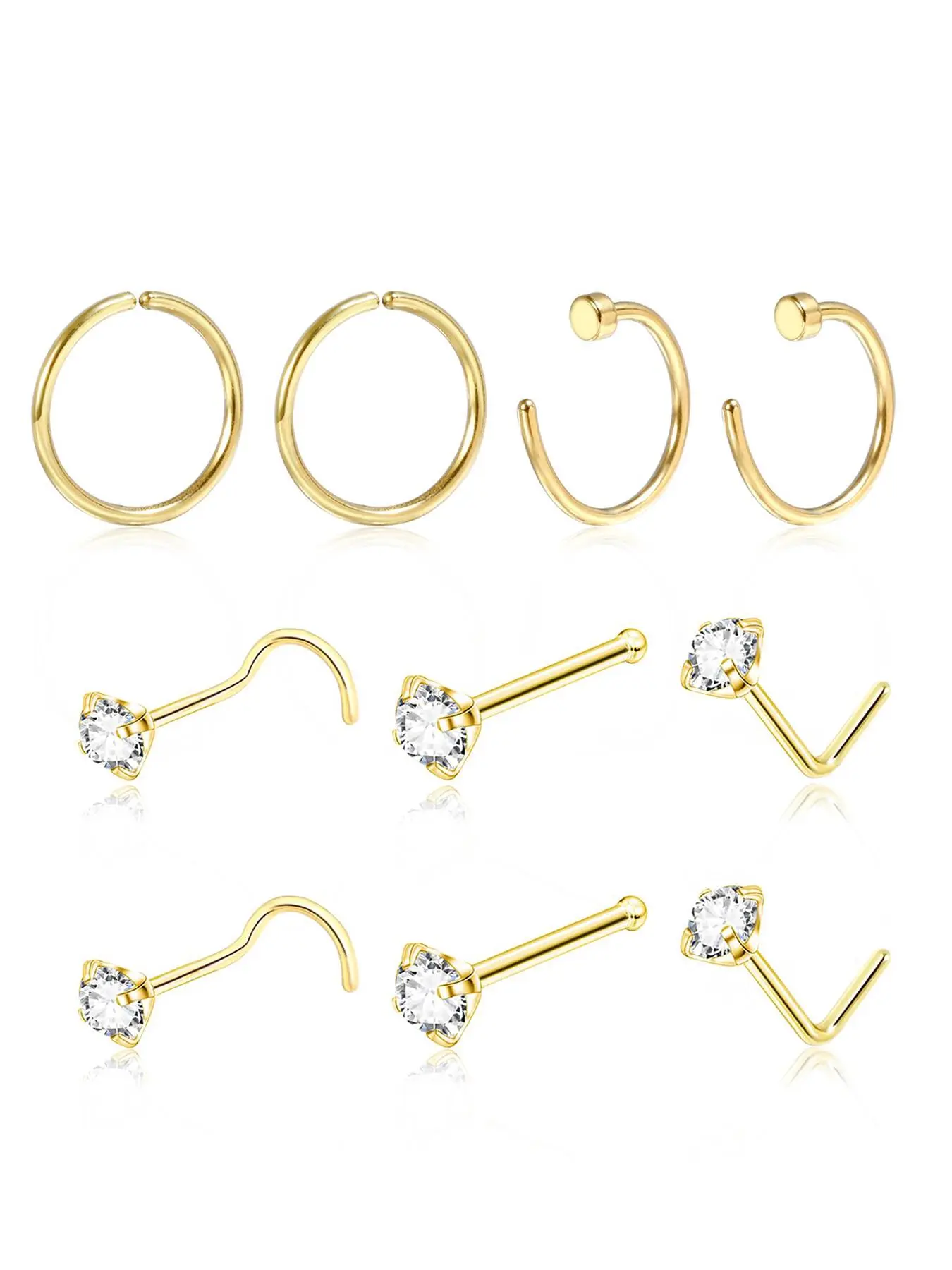 Rhinestone Decorated Stainless Steel Piercing Nose Ring (10pcs) Nose Rings Set, L Shaped Nose Stud for Women & Men, Fashion Body Jewelry for Party, Daily Clothing Decor, Birthday Gift Body Jewellery