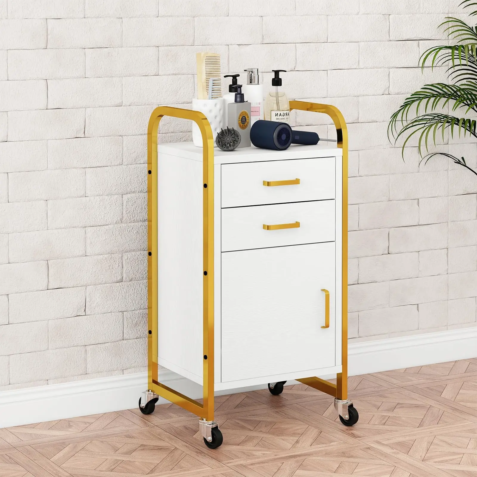 [SummerSale] HOMBCK Gold Salon Rolling Cart with Wheels, Mobile Beauty Trolley with 2 Drawers, Salon Station with Storage Cabinet for Hair Stylist, Rolling Beauty Station for Barbershop, Spa & Tattoo#home essentials#back to school