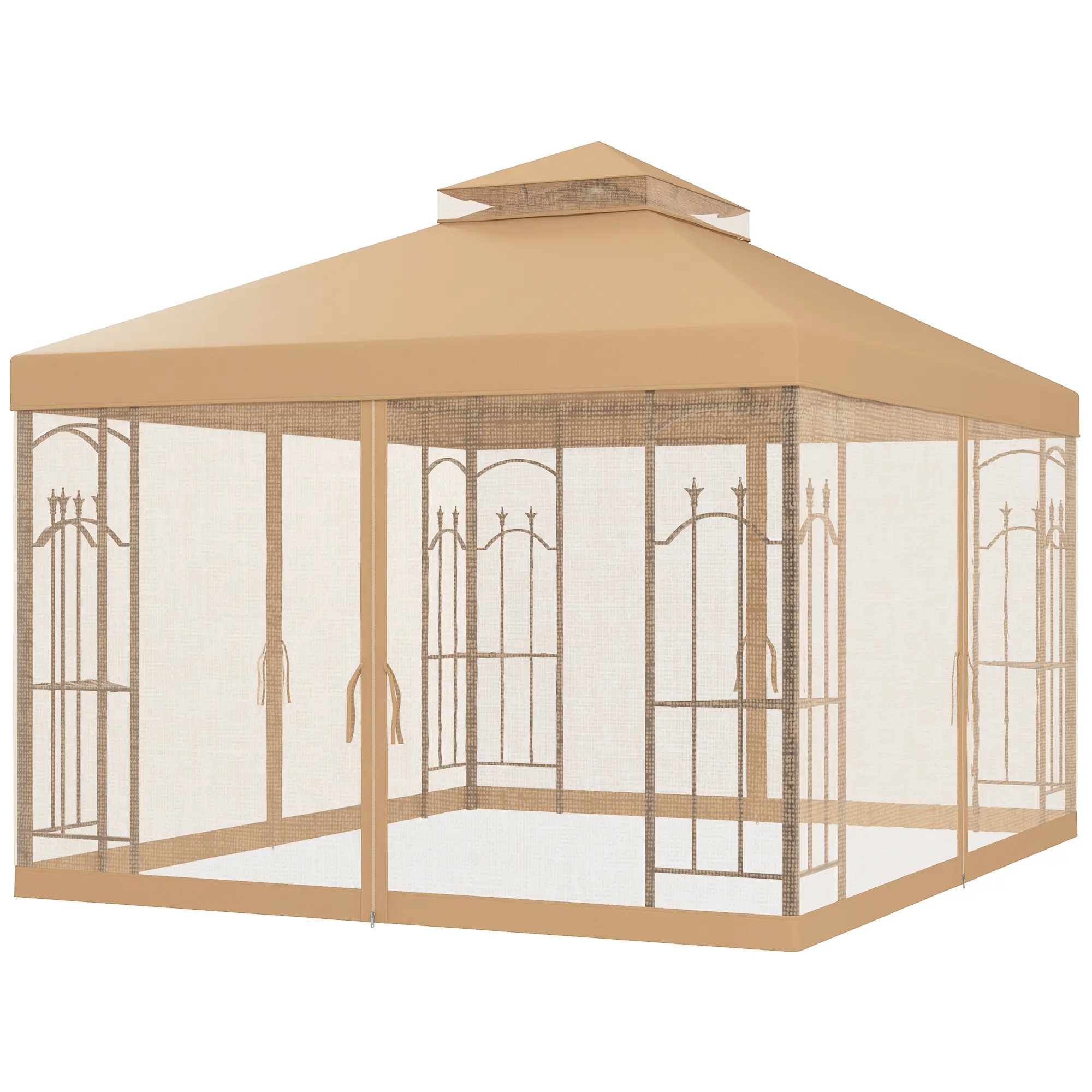 Brown 10'x12' Patio Gazebo - Outdoor Double-Roof Canopy Shelter, Corner Frame Shelves, and Netting for Patio Shade
