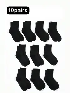 Unisex Kids Classic Casual Mid-Calf Socks, 10 Pairs, Pure Color, Suitable for Daily Home Wear, Boys and Girls