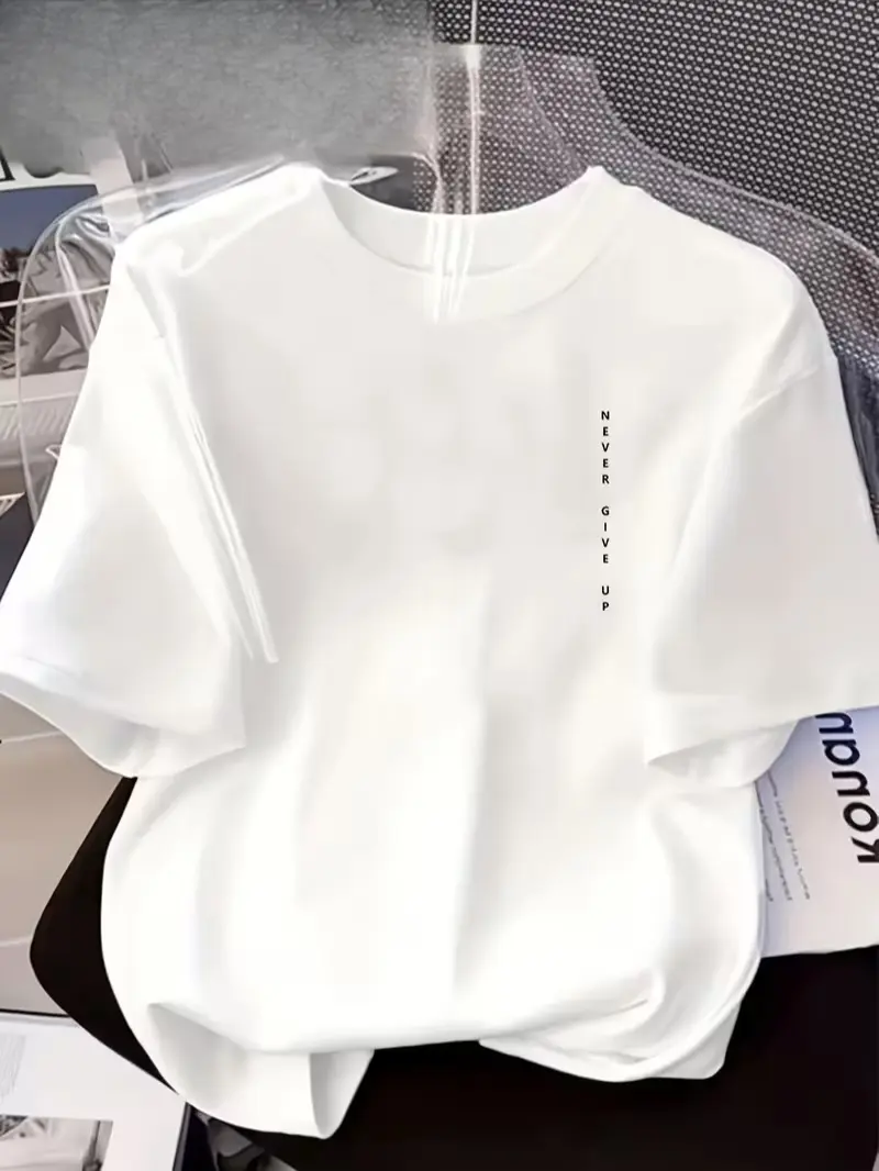 Women's White Short-Sleeve T-Shirt - Simple crew neck top, suitable for everyday wear and outdoor activities, made of comfortable pure cotton, with vertical stripe print on the chest.