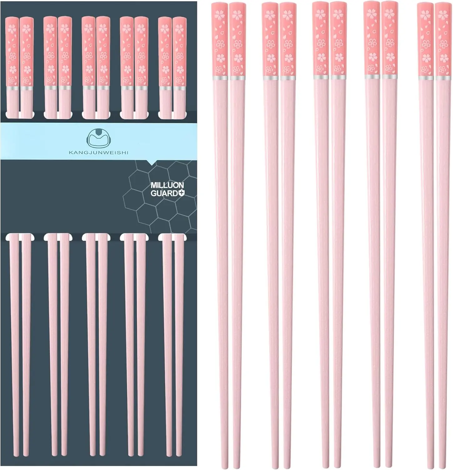 Matte Non-Slip Pink Sakura Fiberglass Chopsticks (5-Pair, 9.57in) - Reusable Non-Plastic Cutlery, Dishwasher Safe Kitchenware Utensils for Family, Friends, Youth; Ideal for Birthdays, Housewarming Gifting