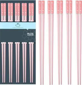5 Pairs Fiberglass Chopsticks Reusable Dishwasher Safe 9.57 inch Matte Non-Slip Pink Sakura Chopsticks for Family Hotel Restaurant