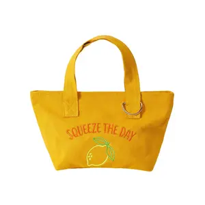 Squeeze Day Lemon Embroidered Small Canvas Tote Bag Set