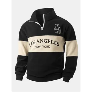 ThickenedPolarFleeceColorblockLetterEmbroideryZipperHoodieJacket,SoftComfortableFabric,CasualOutdoorSportsWear