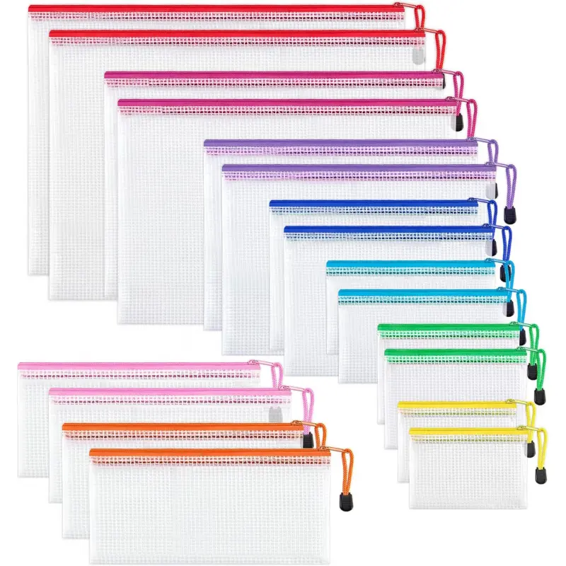 18-Pack Vinyl Mesh Pouch Set - 8 Sizes, 9 Colors, Waterproof Zippered Bags with Various Fits for Golf Gear Organization, Travel & Office Use, Multipurpose
