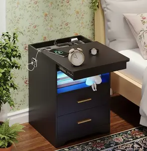 Miu Nightstand Gun Drawer With Sliding Top Charging Station And LED Lights Furniture Bedroom Modern Design Bedside Table Drawer Home