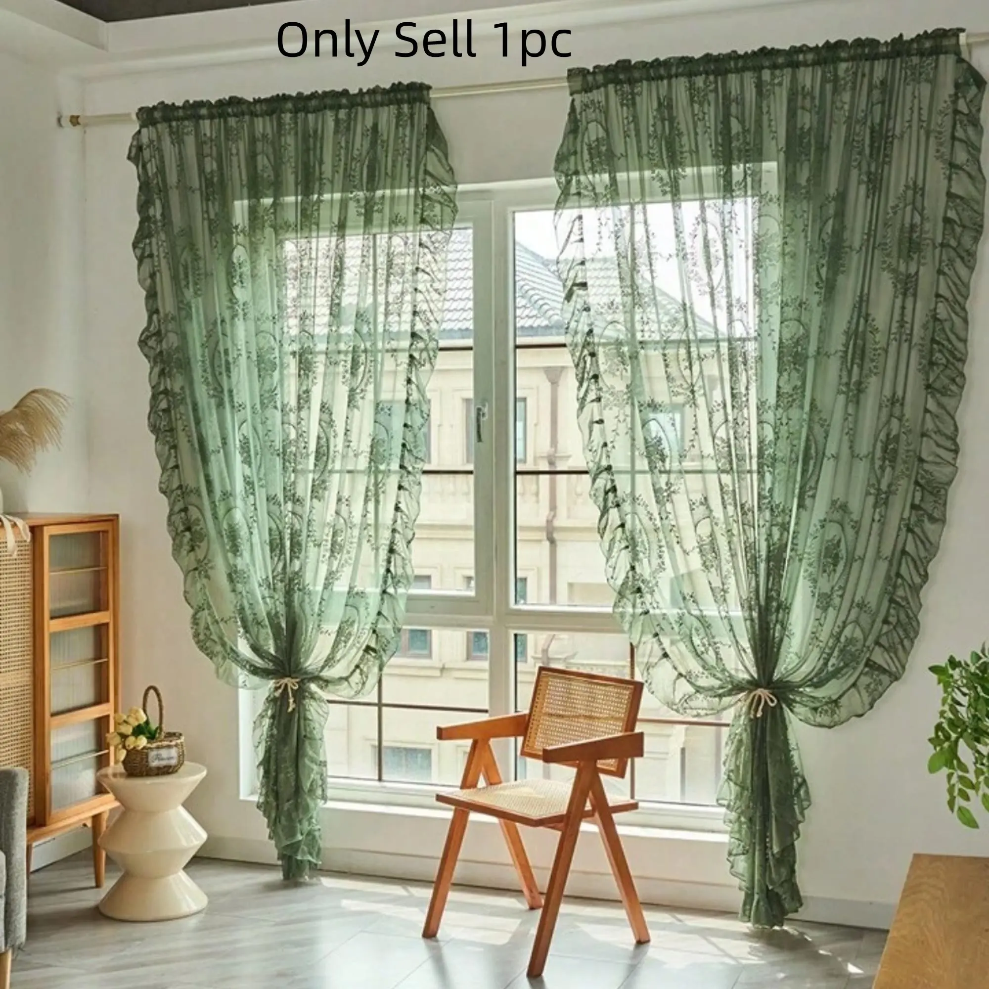 1pc Lace Curtain, Window Curtain, Vintage Semi-Transparent Embroidered Floral Drapes, Casual Style Home Decor for Living Room, Bedroom & Balcony, Home Decoration Curtain, Home Decorative Curtain