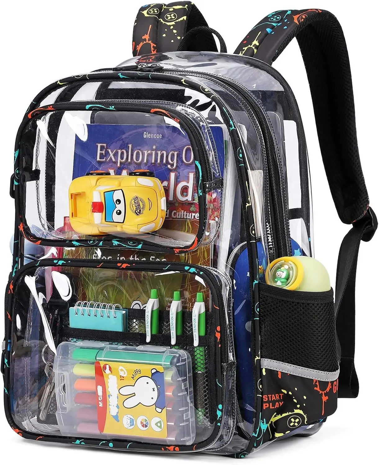 Sisipoet Clear Backpack for School, Heavy Duty PVC Transparent Bookbag, Funny Kids Backpacks with Game Print, Black Gift