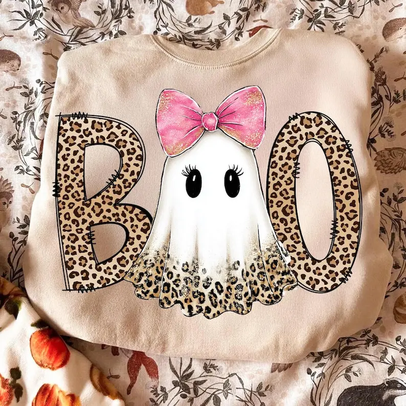 Preppy Ghost Boo Sweatshirt, Leopard Spooky Coquette Sweatshirt, Leopard Ghost Sweatshirt, Halloween Sweatshirt, Fall Sweatshirt, Trendy Sweatshirt, Trendy Halloween Sweatshirt, Pumpkin Sweatshirt