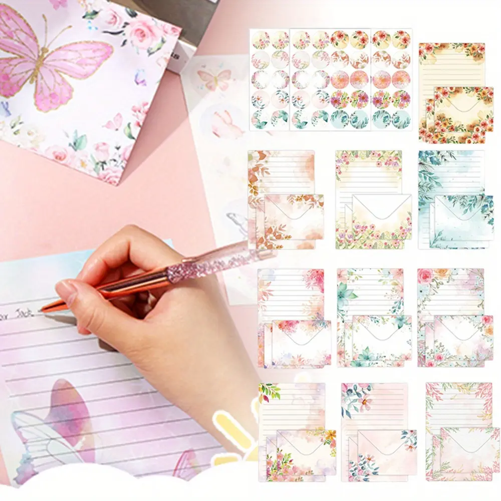 160-Pack Watercolor Stationery Paper Set (5.5X8.25" In, 10 Designs) - 50 Double-Sided Writing Papers, 50 Matching Envelopes, 60 Round Dot Stickers for Anniversaries, Announcements, Watercolor Butterfly