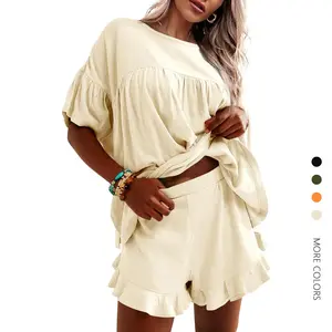 Danedvi Women's 2-Piece Pajama Set - Ruffle Sleeve Babydoll Top & Shorts, Women's Lounge Matching Set for Vacation