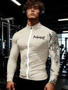Men's Stand Collar Zipper Long Sleeve Fabric, Smooth Elastic Soft Comfortable, Gym Running Power Training Outdoor Cycling Athletic Shirt Print Tee, Fitness Shirts, Gym Tees, Athletic Top