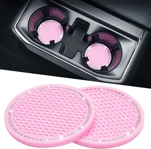 Cup Holder Coasters for Car, Universal Anti-Slip Car Coasters with Crystal Rhinestone, 2.75 inch/6.98 cm PVC Cup Holder Insert Coaster, Pink Car Accessories (Pink with Diamond)