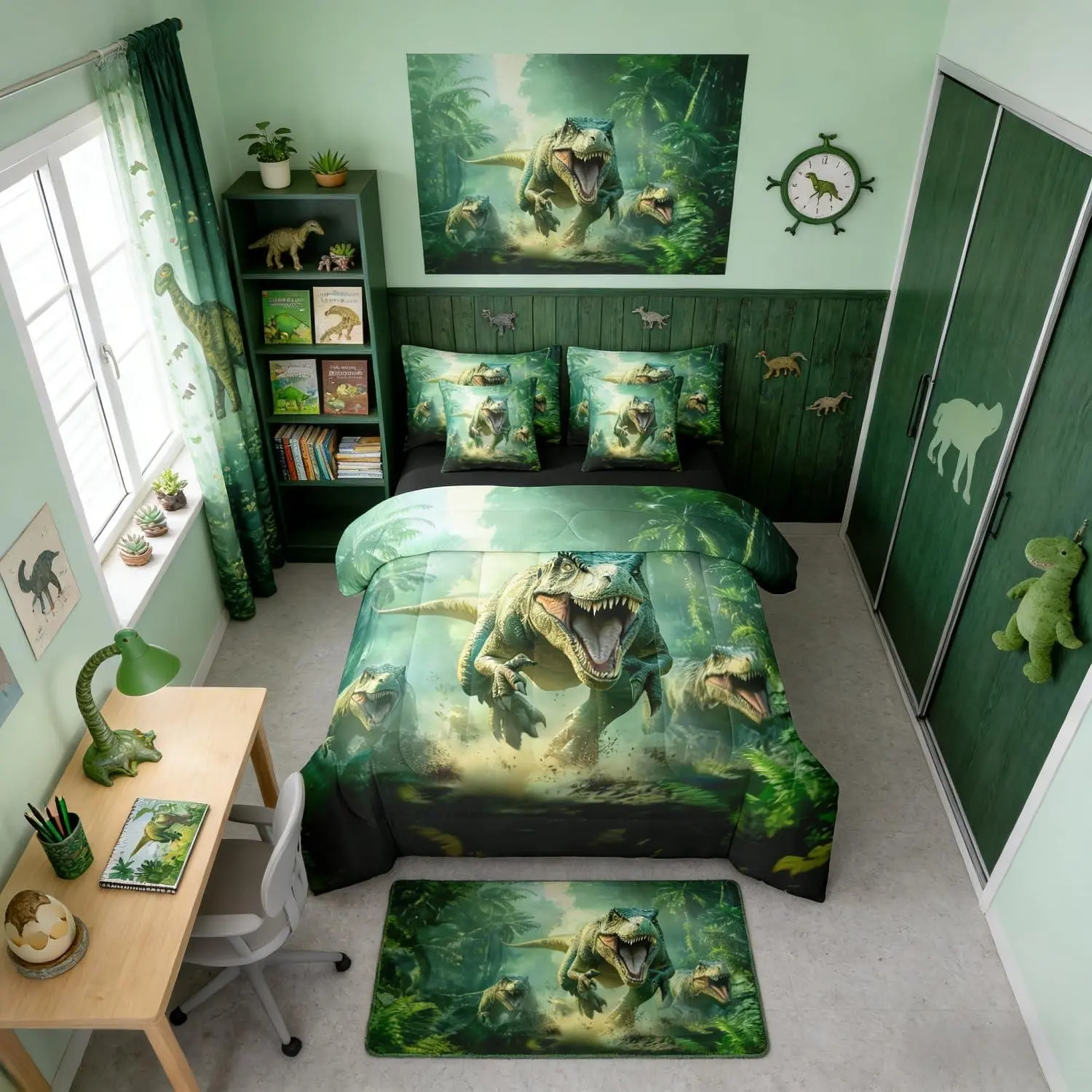 7 Pcs Boys Dinosaur Comforter Bed Set,Green Dino Teen Boy Bedding Set,Cartoon Kids Bed Bag,(1 Comforter,1 Fitted Sheet,1 Flat Sheet 2 Pillow Bed Set