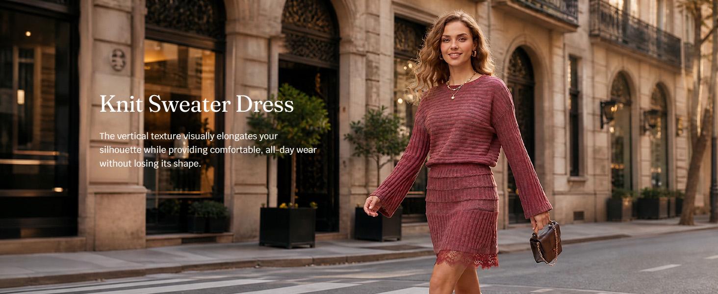 Wenrine Women's Pullover Crew Neck Long Sleeve Knitted Ribbed A-Line Midi Dress - Elastane Viscose Blend, Lace Hem, Bodycon-Friendly Casual Wear for Fall Winter Holiday Gathering, Do Not Dry Clean