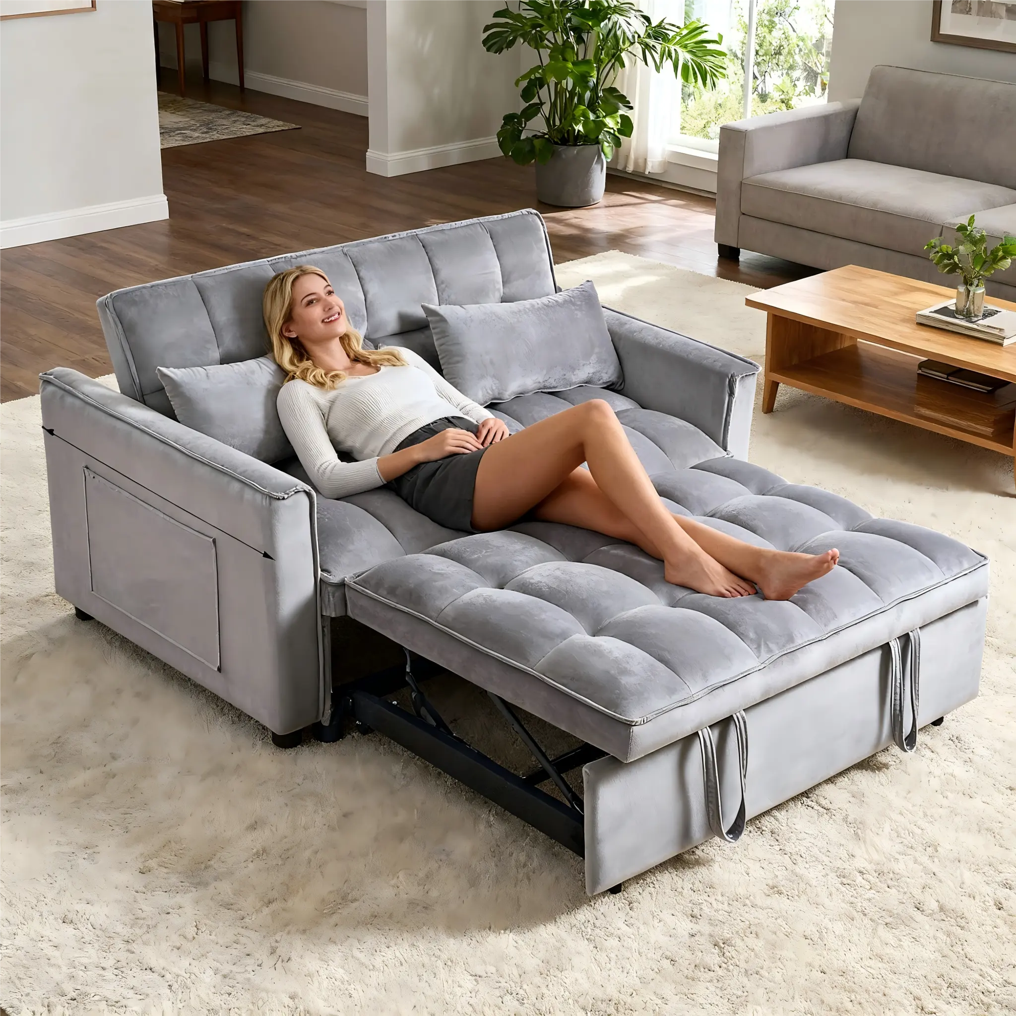3-in-1 Velvet Combination Sofa Bed - Adjustable Upholstered Couch with Loveseat, Adjustable Backrest, Pillows, Pockets for Living Room, Apartment Decor