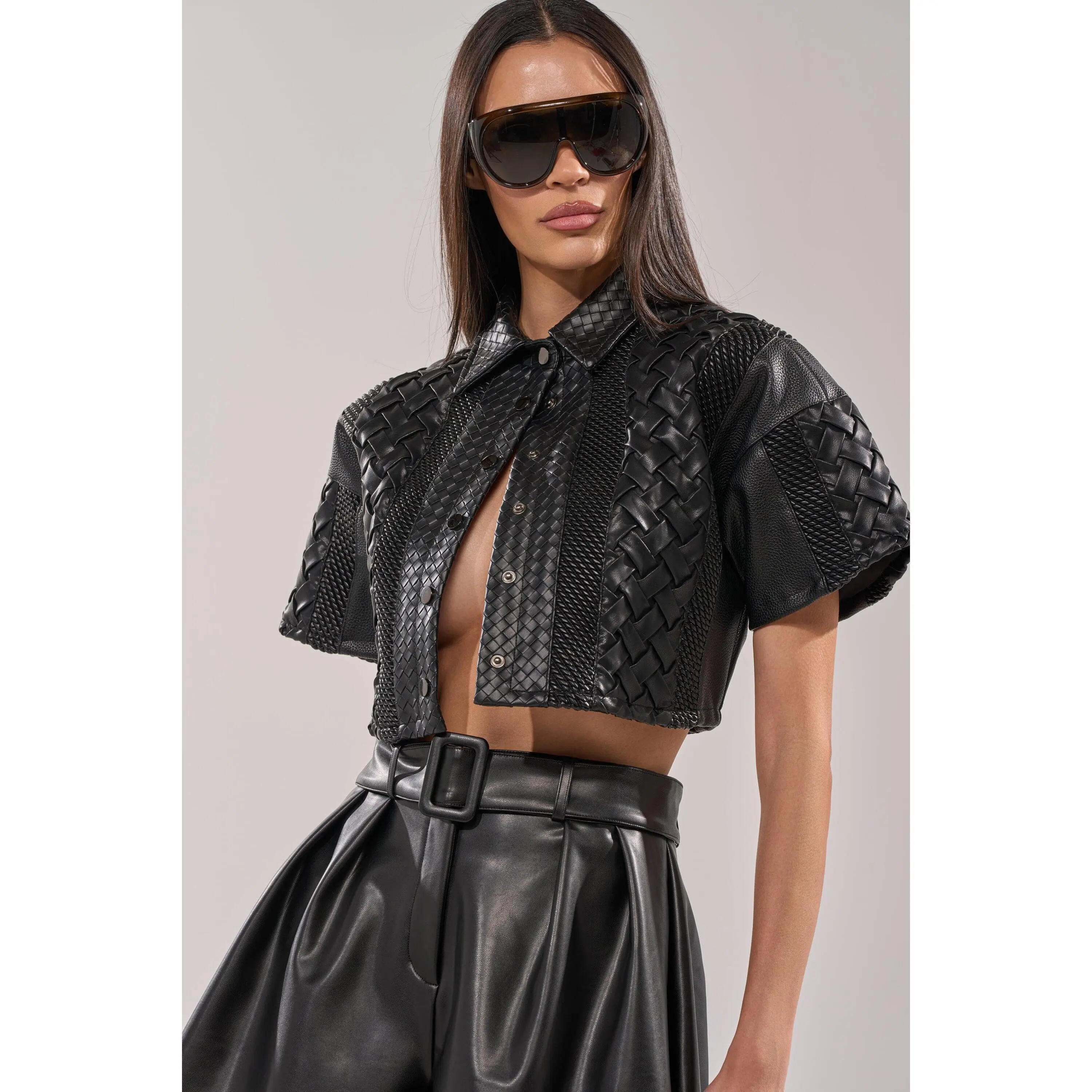 BIKER BRAIDED LEATHER CROPPED BUTTON DOWN