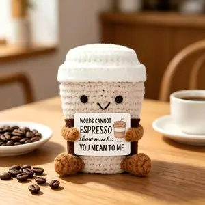 Hand-Crocheted Coffee Cup Plush Toy, A Fun Punny Desktop Decoration, Gift for Coffee Lovers, Soft Cuddly Gift, Emotional Companion, Office Desk Ornament for the Hard-Working Professional