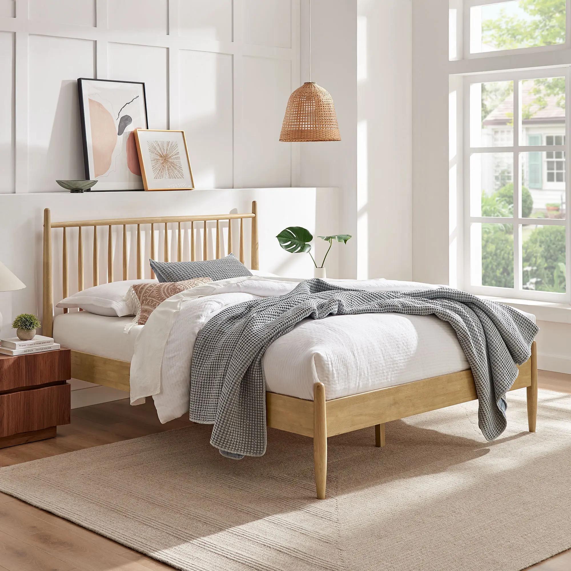 Modway Zane King Size Spindle Platform Bed, Light Oak Modern Bed Frame for Indoor Furniture, Modern Beds