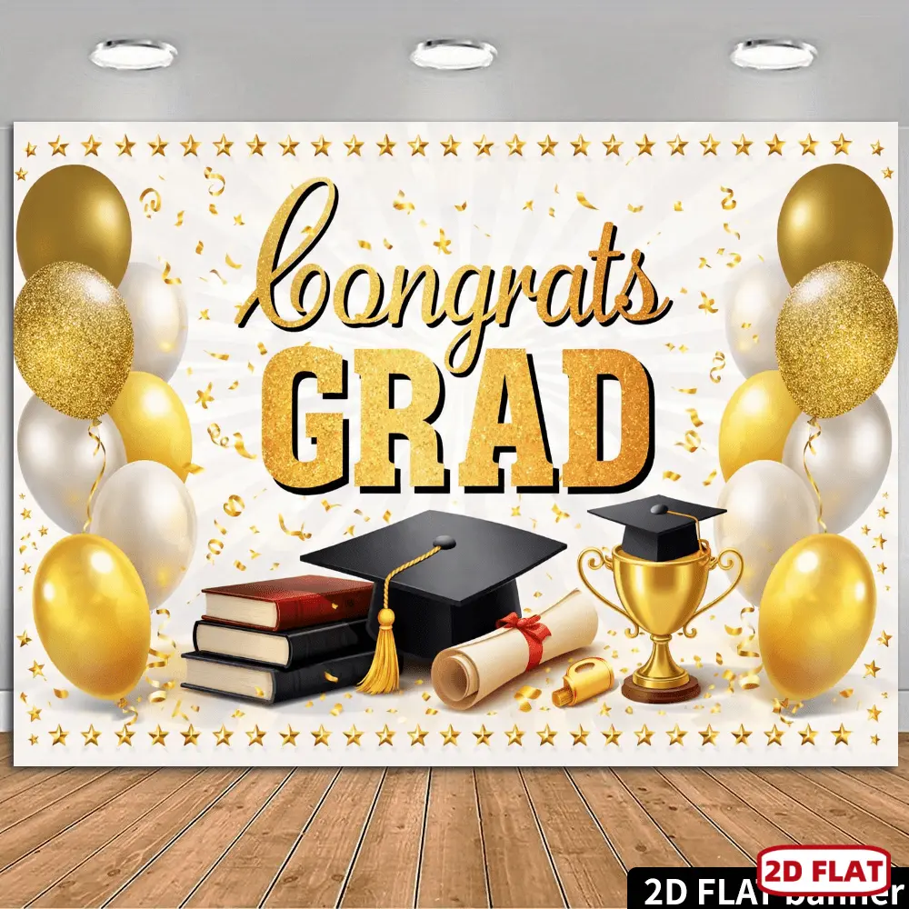 1pc 2D Flat banner Golden Graduation Backdrop with a White Base and Golden Star Border, "Congrats GRAD" Text, Golden and White Silvery Balloons, Black Graduation Cap, Golden Trophy, Diploma, Stacked Books, Gold