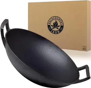 14 inch Cast Iron Wok with Flat Base and Handles