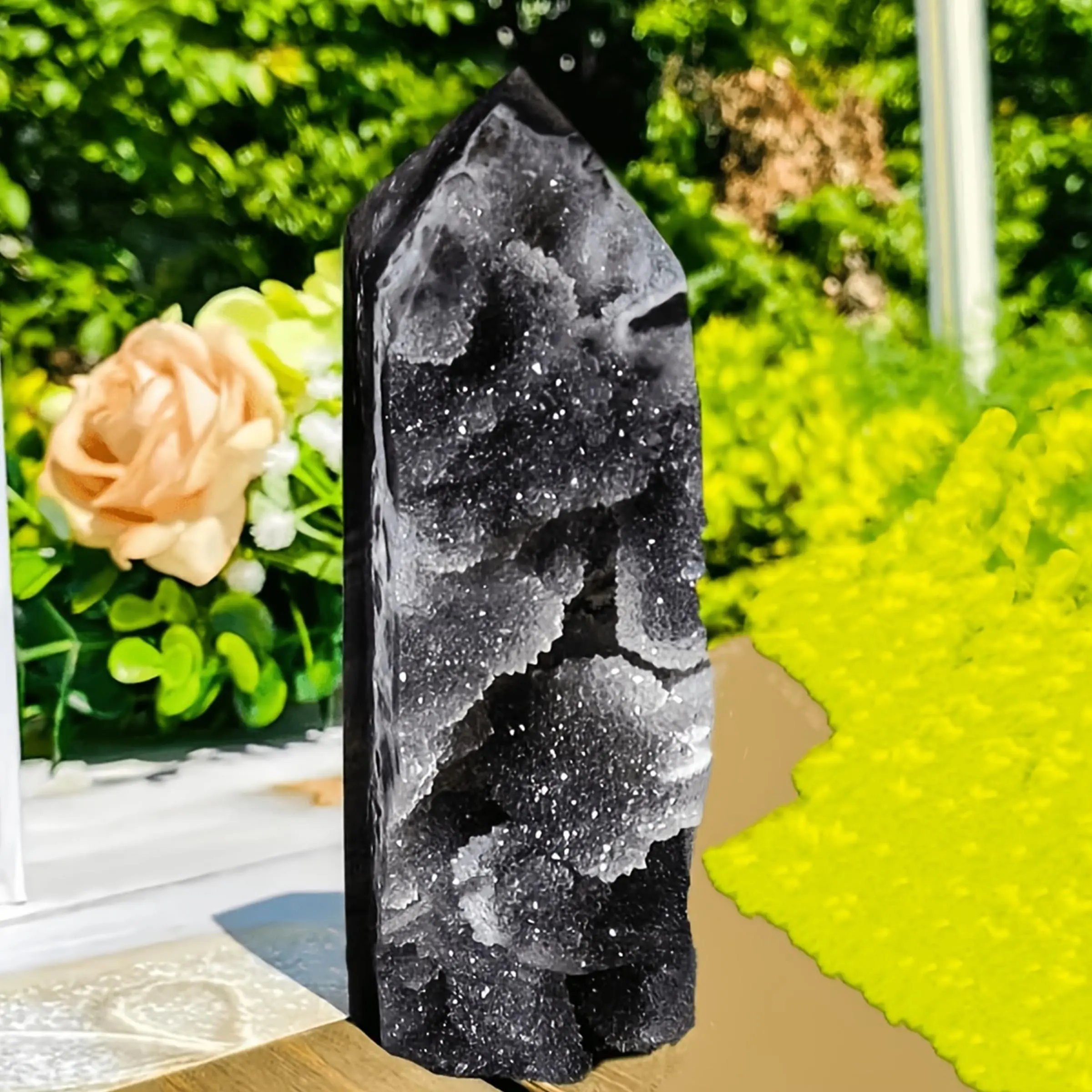 1PC Stunning natural sphalerite crystal cluster tower - single pointed pillar, bohemian style crystal decoration, black and light colors, suitable for family tabletops, unique holiday gift (Halloween/Christmas/Easter), Crystal Decorative Ornaments