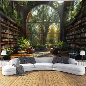 1pc Large Size 3D Landscape Bookshelf Wall Tapestry, Peach Skin Velvet, Graphic Pattern, Transverse Orientation, Woven Fabric, Indoor Use, No Electricity Required, Polyester Cover, 95g Fabric Square Weight
