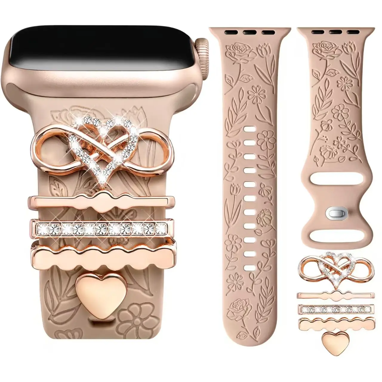 BROULIT Cute Floral Silicone Watch Band with Charm Rings, Engraved Flower Pattern Soft Adjustable Sport Strap, Fashion Replacement Wristband for Women Compatible with Apple Watch Series 11/10/9/8/7/6/5/4/3/SE/Ultra 38mm-49mm