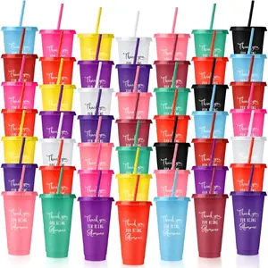 50 Pcs 24oz Printed Plastic Tumbler Water Bottles with Straw & Lid - Portable Coffee Bottle for Employee Appreciation, Christmas Party Gift (Assorted Styles)