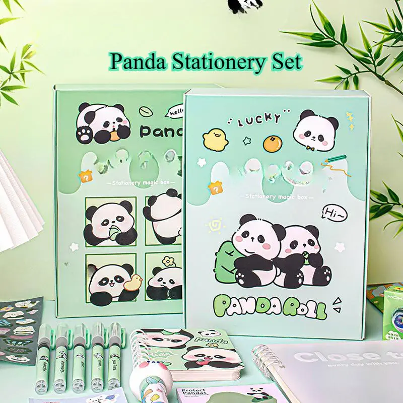10pcs/set Panda series stationery creative cartoon stationery set, set includes: 1 journal notebook, 1 eraser, 5 gel pens, 1 sheet of stickers, 1 memo pad, and 1 notepad.