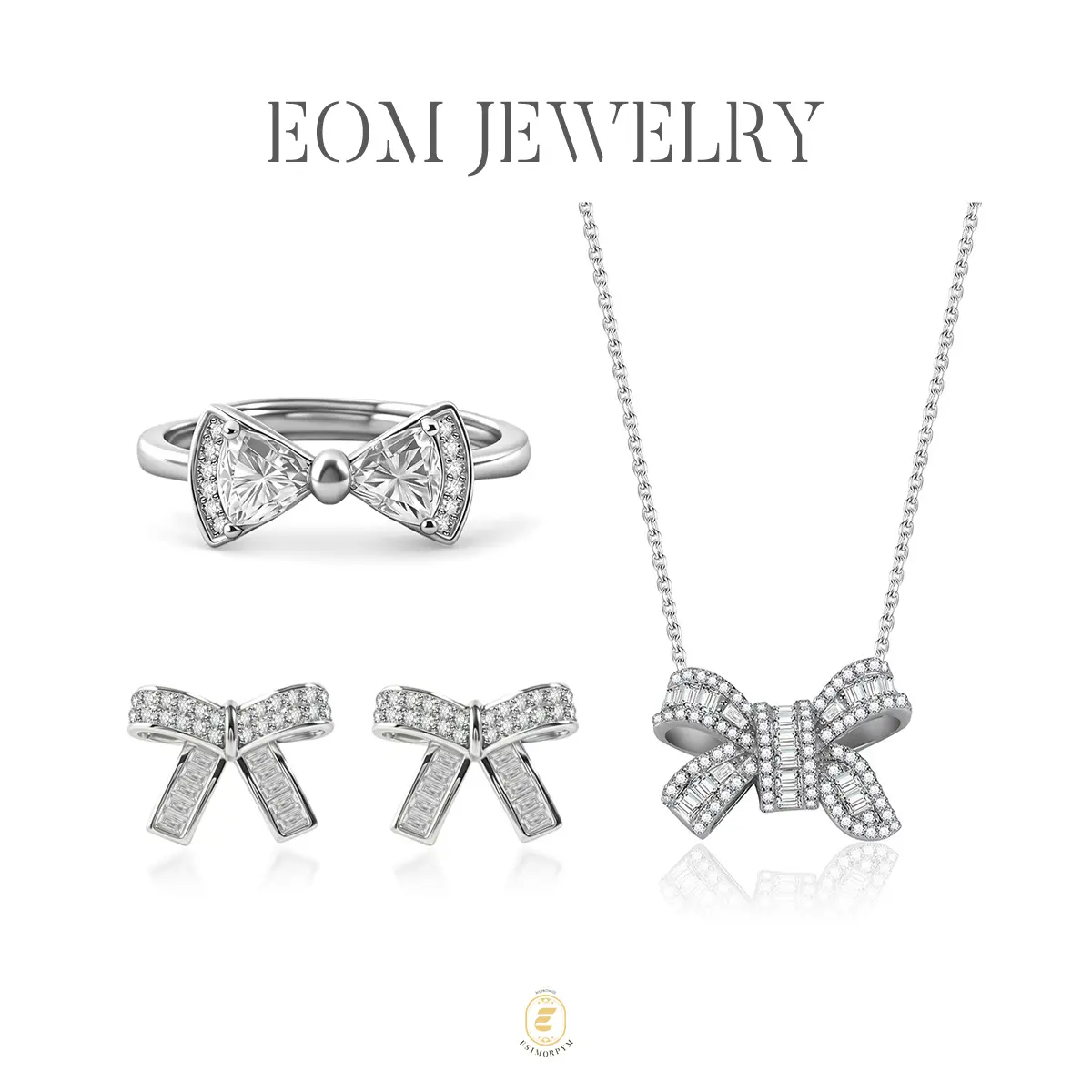 Moissanite Sweet Bow Jewelry Set Silver-Plated Stud Earrings Necklace Ring Set Valentine's Day Wedding Engagement Anniversary Romantic Elegant Gift Daily Wear