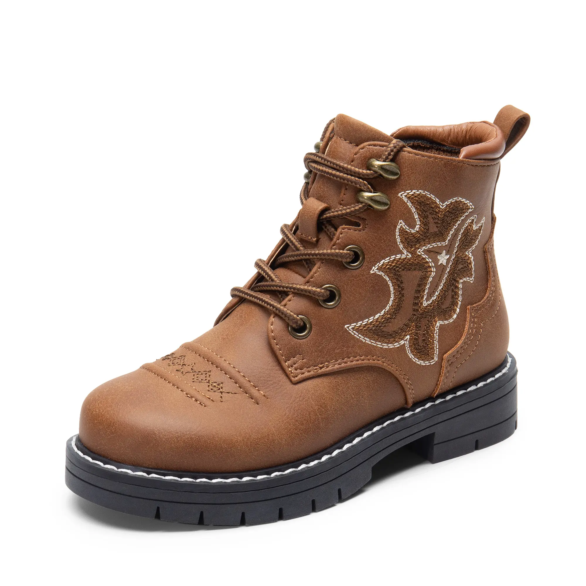 Dream Pairs Kids' Embroidered Western Combat Boots, Retro Ankle Booties with Side Zipper, Lace-Up and Memory Foam, Casual, Embroidery, Retro Stage, Western Style, Vintage, Leather, Laces, Breathable, Zip + Lace
