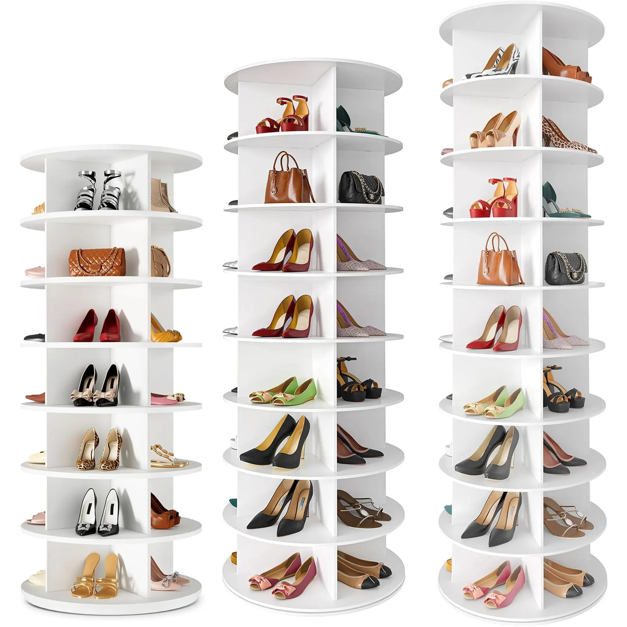 9-tier / 8-tier / 7-tier shoe cabinet Rotating Shoe Rack Tower, 360° Spinning Shoe Rack, Revolving Storage Round Carousel Display, Freestanding Lazy Susan Organizer Display for Bedroom, Living Room, Entryway, Closet, White