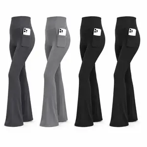 4PCS Women's High-Waisted Flare Yoga Pants with Dual Side-Pockets Butt-Lifting Activewear for Fitness & Casual Wear Relaxed Bootcut Fit Leggings