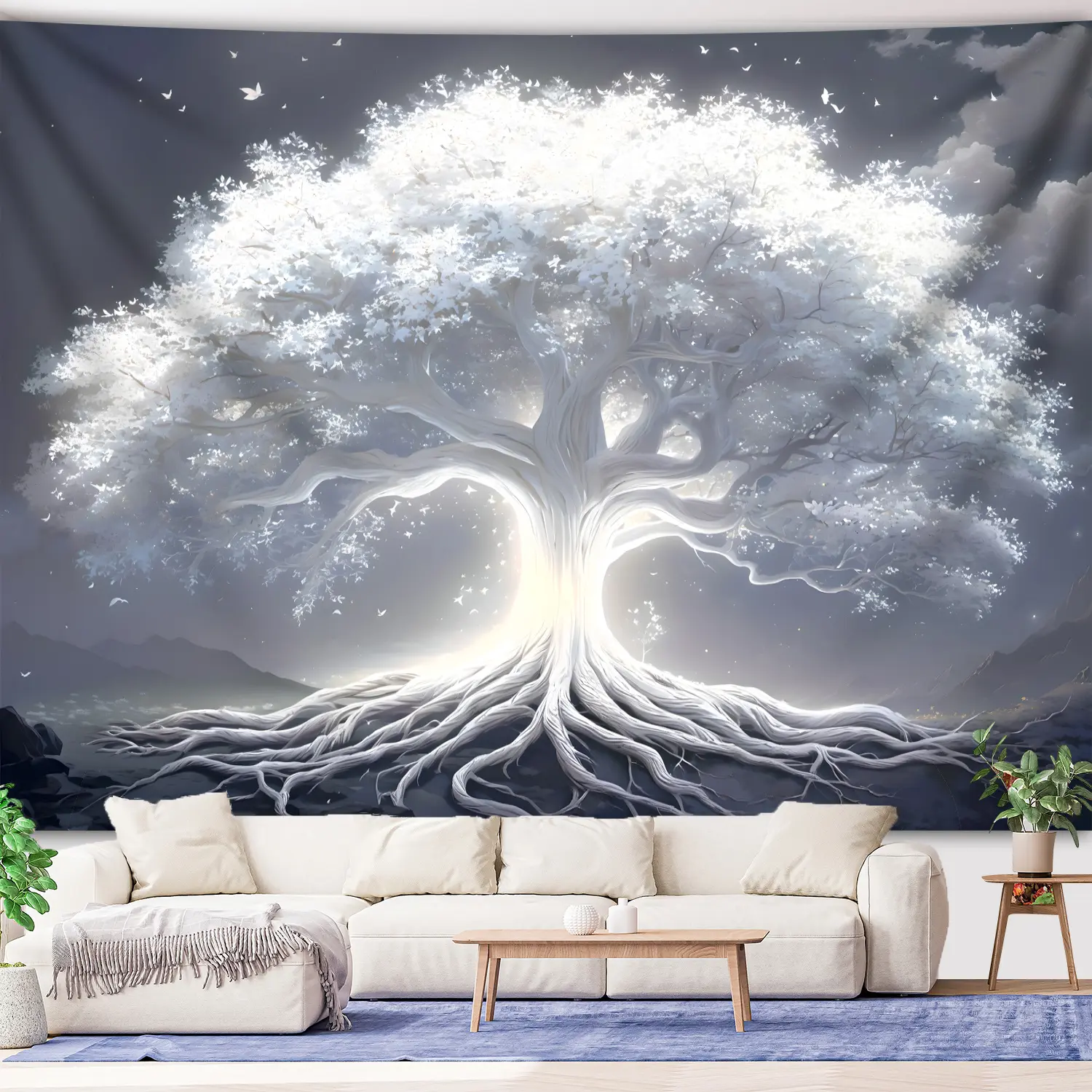 1pc Romantic White Tree of Life Tapestry - Polyester Print Wall Hanging with Dramatic Mountain & Sunset Background, Ideal for Living Room, Bedroom, or Dorm Decor, Includes Free Hanging Kit, Bedroom Wall Art |       Serene Room Decor |       Durable Polyes
