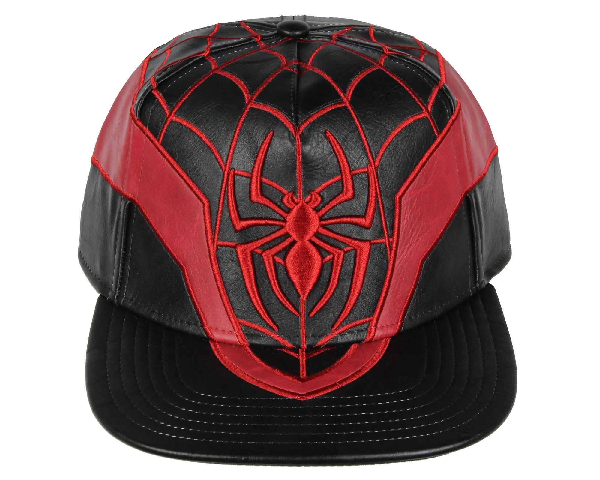 Marvel Comics Spider-Man Miles Morales Suit Embroidered Vegan Leather Snapback Hat - Adjustable, Flat Bill, Spiderweb Design, Unisex Fan Gift Ready