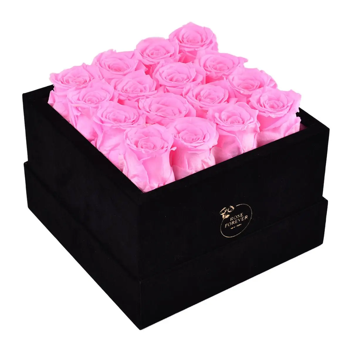16 Fuchsia Preserved Forever Roses Eternal Bouquet in 6"h x 8"w Vegan Velvet Black Square Box - Anniversary Gift for Girlfriend/Wife, Home Decorative Flower, Plants, Eternal Flower Bouquet