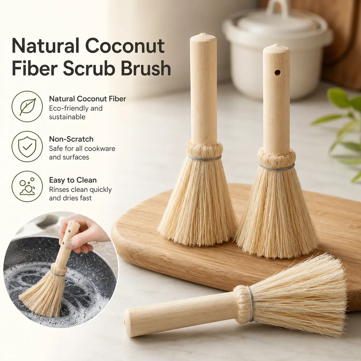 Wooden Handle Pot Cleaning Brush - Natural Palm Fiber Bristle Brush Scrubber for Kitchen Sink Cleaning, Dish and Pan Washing (1 Count)